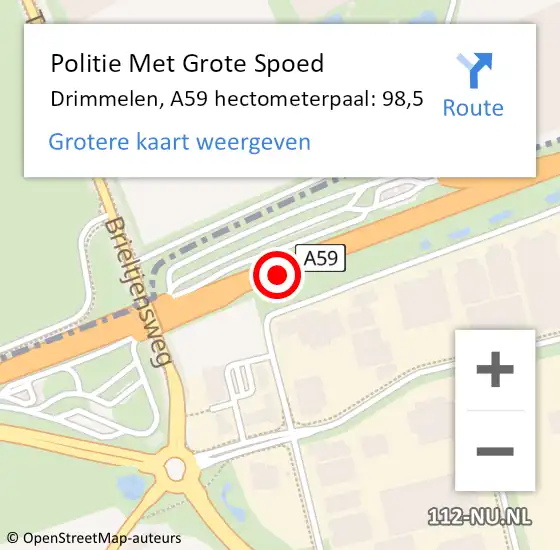 Locatie op kaart van de 112 melding: Politie Met Grote Spoed Naar Drimmelen, A59 hectometerpaal: 98,5 op 4 juni 2023 12:03