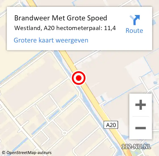 Locatie op kaart van de 112 melding: Brandweer Met Grote Spoed Naar Westland, A20 hectometerpaal: 11,4 op 4 juni 2023 13:06