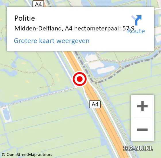 Locatie op kaart van de 112 melding: Politie Midden-Delfland, A4 hectometerpaal: 57,9 op 4 juni 2023 15:01