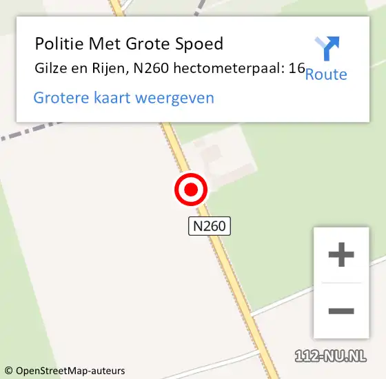 Locatie op kaart van de 112 melding: Politie Met Grote Spoed Naar Gilze en Rijen, N260 hectometerpaal: 16 op 4 juni 2023 16:31