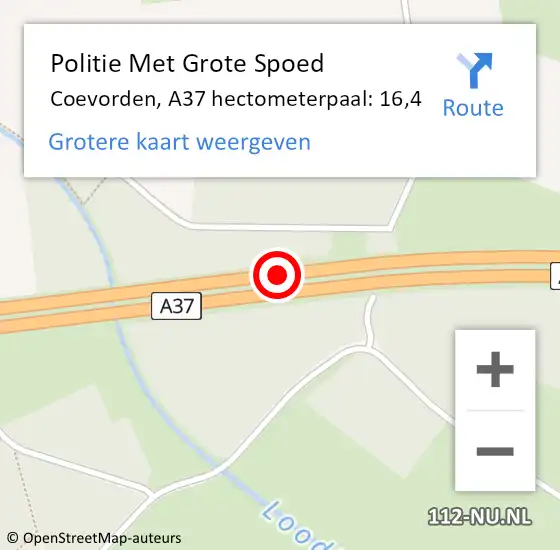Locatie op kaart van de 112 melding: Politie Met Grote Spoed Naar Coevorden, A37 hectometerpaal: 16,4 op 4 juni 2023 16:56