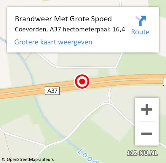 Locatie op kaart van de 112 melding: Brandweer Met Grote Spoed Naar Coevorden, A37 hectometerpaal: 16,4 op 4 juni 2023 16:56