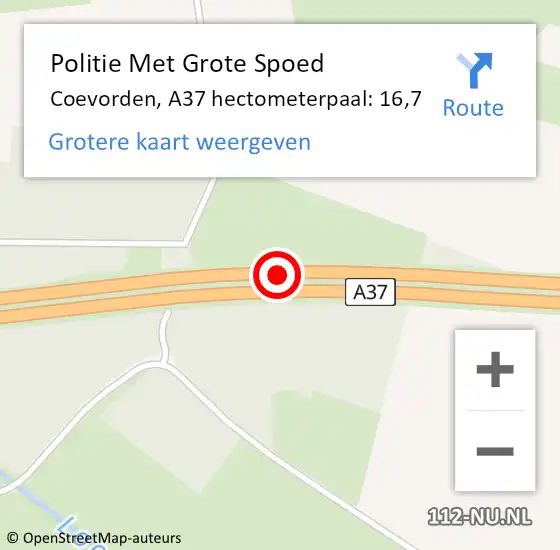 Locatie op kaart van de 112 melding: Politie Met Grote Spoed Naar Coevorden, A37 hectometerpaal: 16,7 op 4 juni 2023 16:57