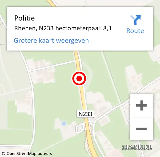 Locatie op kaart van de 112 melding: Politie Rhenen, N233 hectometerpaal: 8,1 op 4 juni 2023 17:43