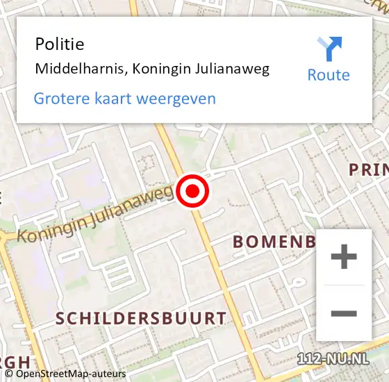 Locatie op kaart van de 112 melding: Politie Middelharnis, Koningin Julianaweg op 4 juni 2023 19:26