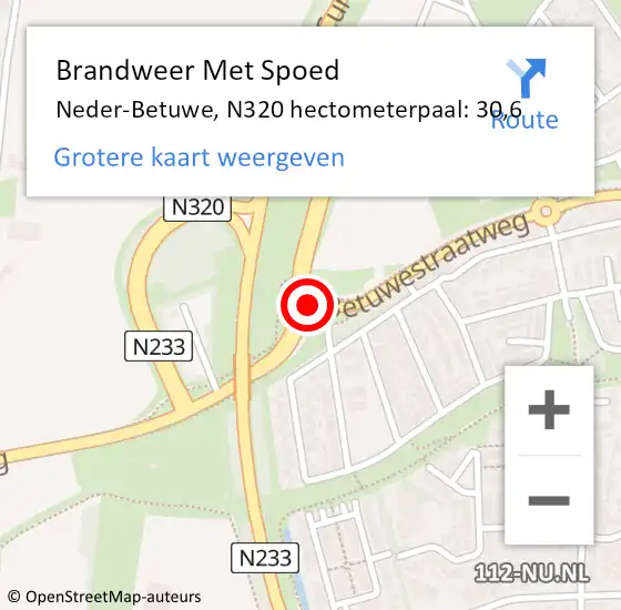 Locatie op kaart van de 112 melding: Brandweer Met Spoed Naar Neder-Betuwe, N320 hectometerpaal: 30,6 op 4 juni 2023 22:20