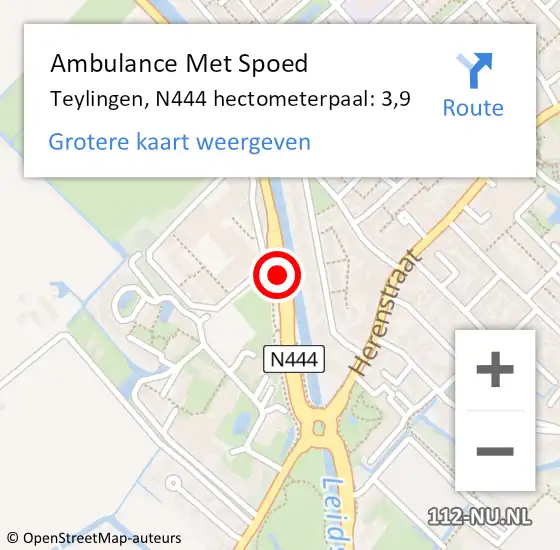 Locatie op kaart van de 112 melding: Ambulance Met Spoed Naar Teylingen, N444 hectometerpaal: 3,9 op 4 juni 2023 23:19