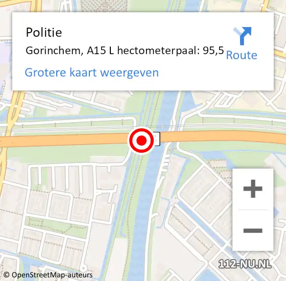 Locatie op kaart van de 112 melding: Politie Gorinchem, A15 L hectometerpaal: 95,5 op 27 augustus 2014 19:38
