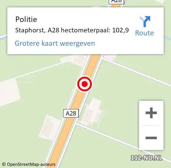 Locatie op kaart van de 112 melding: Politie Staphorst, A28 hectometerpaal: 102,9 op 5 juni 2023 01:44