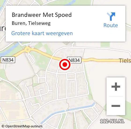 Locatie op kaart van de 112 melding: Brandweer Met Spoed Naar Buren, Tielseweg op 5 juni 2023 04:00