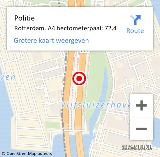 Locatie op kaart van de 112 melding: Politie Rotterdam, A4 hectometerpaal: 72,4 op 5 juni 2023 06:15