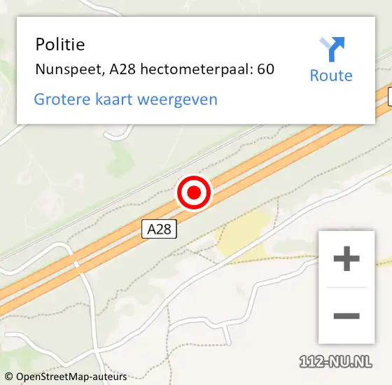 Locatie op kaart van de 112 melding: Politie Nunspeet, A28 hectometerpaal: 60 op 5 juni 2023 06:32