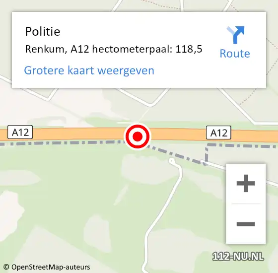 Locatie op kaart van de 112 melding: Politie Renkum, A12 hectometerpaal: 118,5 op 5 juni 2023 06:41