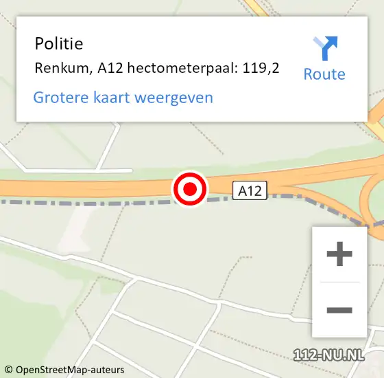 Locatie op kaart van de 112 melding: Politie Renkum, A12 hectometerpaal: 119,2 op 5 juni 2023 06:42