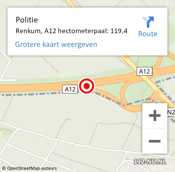 Locatie op kaart van de 112 melding: Politie Renkum, A12 hectometerpaal: 119,4 op 5 juni 2023 06:43