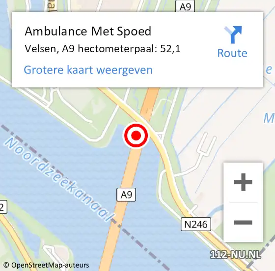 Locatie op kaart van de 112 melding: Ambulance Met Spoed Naar Velsen, A9 hectometerpaal: 52,1 op 5 juni 2023 09:27