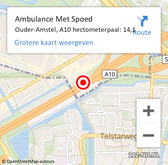 Locatie op kaart van de 112 melding: Ambulance Met Spoed Naar Ouder-Amstel, A10 hectometerpaal: 14,1 op 5 juni 2023 09:38