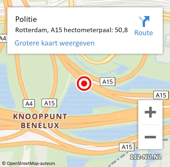Locatie op kaart van de 112 melding: Politie Rotterdam, A15 hectometerpaal: 50,8 op 5 juni 2023 13:15