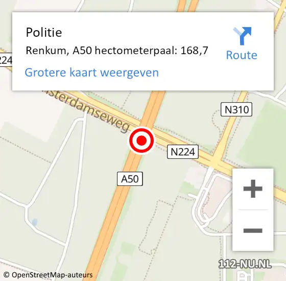 Locatie op kaart van de 112 melding: Politie Renkum, A50 hectometerpaal: 168,7 op 5 juni 2023 13:45