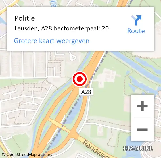 Locatie op kaart van de 112 melding: Politie Leusden, A28 hectometerpaal: 20 op 5 juni 2023 13:46