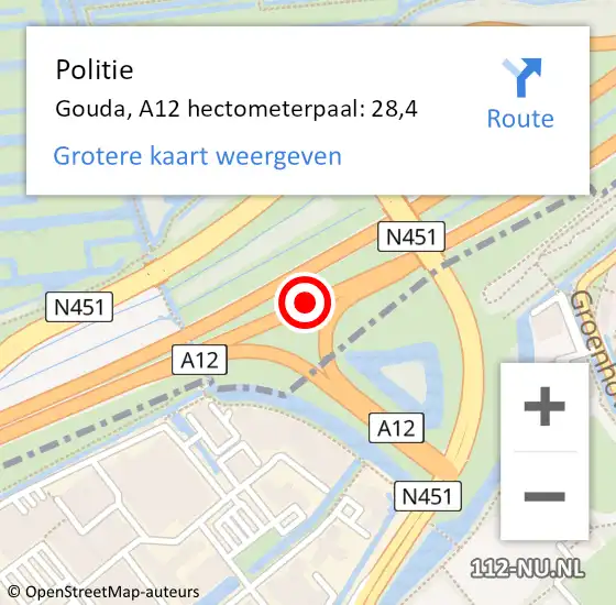 Locatie op kaart van de 112 melding: Politie Gouda, A12 hectometerpaal: 28,4 op 5 juni 2023 15:03