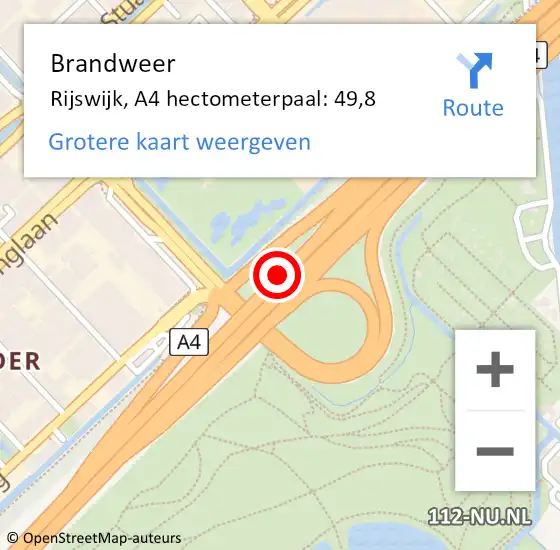 Locatie op kaart van de 112 melding: Brandweer Rijswijk, A4 hectometerpaal: 49,8 op 5 juni 2023 16:09