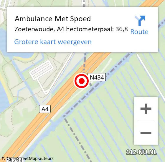 Locatie op kaart van de 112 melding: Ambulance Met Spoed Naar Zoeterwoude, A4 hectometerpaal: 36,8 op 5 juni 2023 16:11