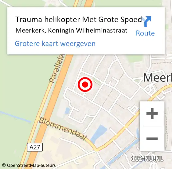 Locatie op kaart van de 112 melding: Trauma helikopter Met Grote Spoed Naar Meerkerk, Koningin Wilhelminastraat op 5 juni 2023 16:16