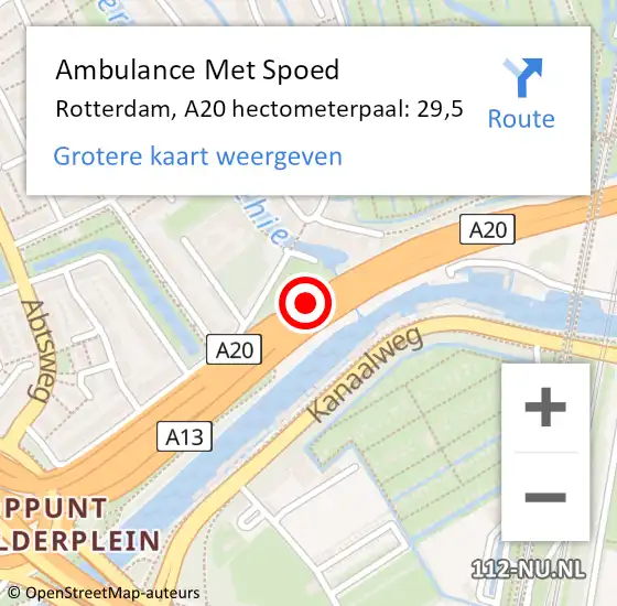 Locatie op kaart van de 112 melding: Ambulance Met Spoed Naar Rotterdam, A20 hectometerpaal: 29,5 op 5 juni 2023 16:33