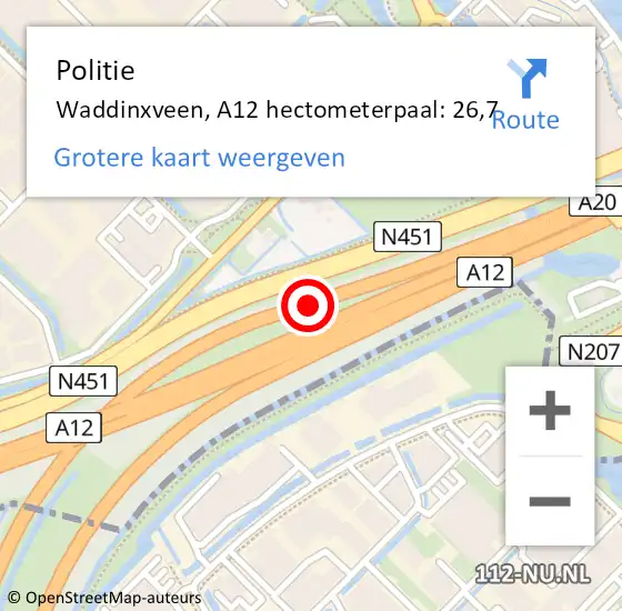 Locatie op kaart van de 112 melding: Politie Waddinxveen, A12 hectometerpaal: 26,7 op 5 juni 2023 16:37