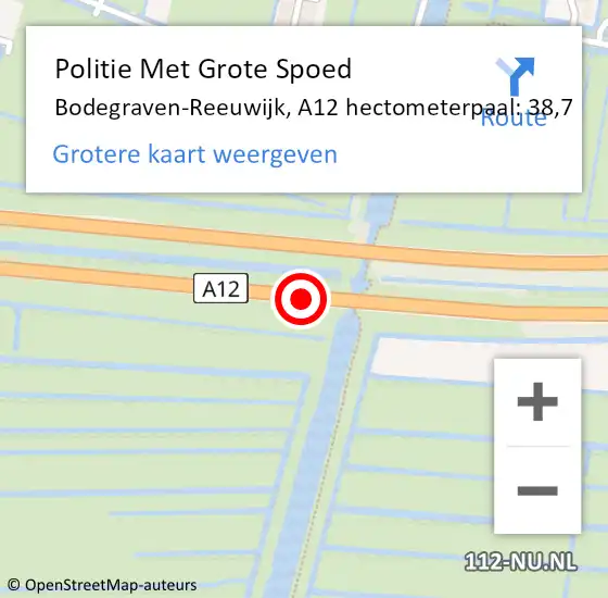 Locatie op kaart van de 112 melding: Politie Met Grote Spoed Naar Bodegraven-Reeuwijk, A12 hectometerpaal: 38,7 op 5 juni 2023 18:34