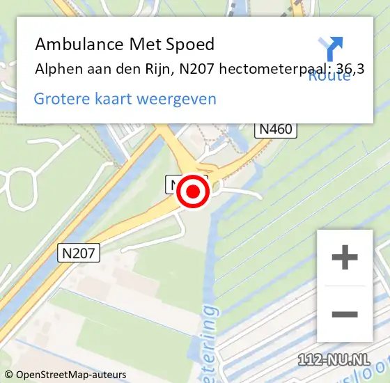 Locatie op kaart van de 112 melding: Ambulance Met Spoed Naar Alphen aan den Rijn, N207 hectometerpaal: 36,3 op 5 juni 2023 19:04