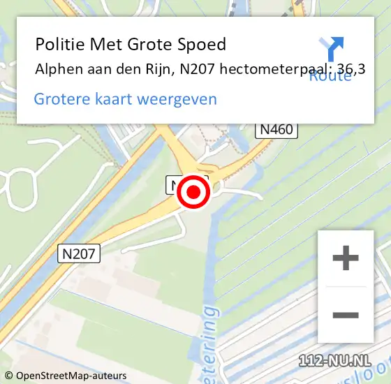Locatie op kaart van de 112 melding: Politie Met Grote Spoed Naar Alphen aan den Rijn, N207 hectometerpaal: 36,3 op 5 juni 2023 19:06
