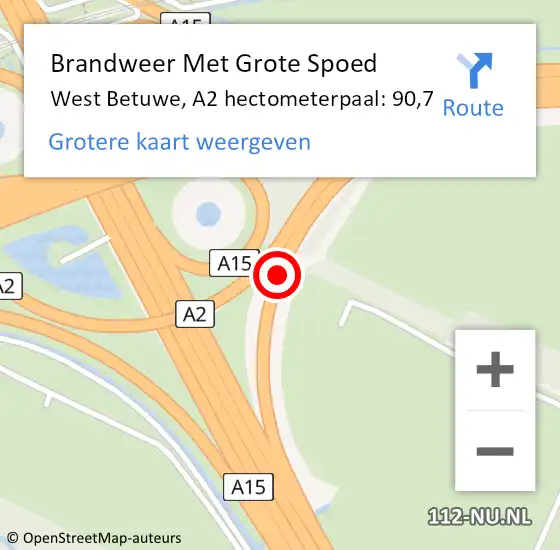 Locatie op kaart van de 112 melding: Brandweer Met Grote Spoed Naar West Betuwe, A2 hectometerpaal: 90,7 op 5 juni 2023 20:09