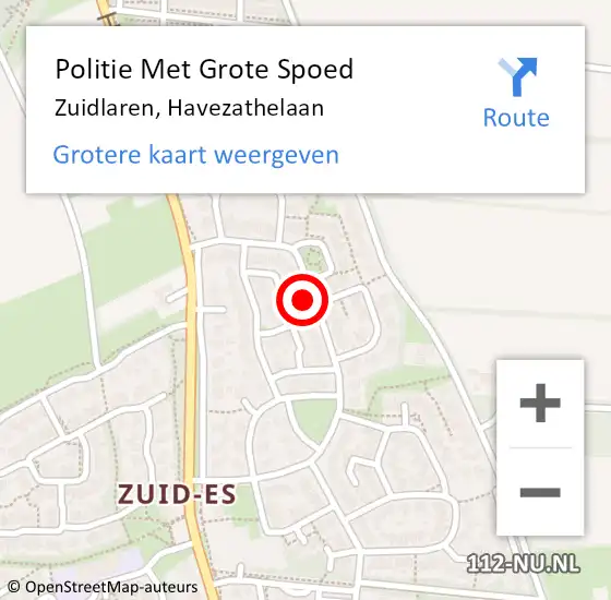 Locatie op kaart van de 112 melding: Politie Met Grote Spoed Naar Zuidlaren, Havezathelaan op 6 juni 2023 02:48