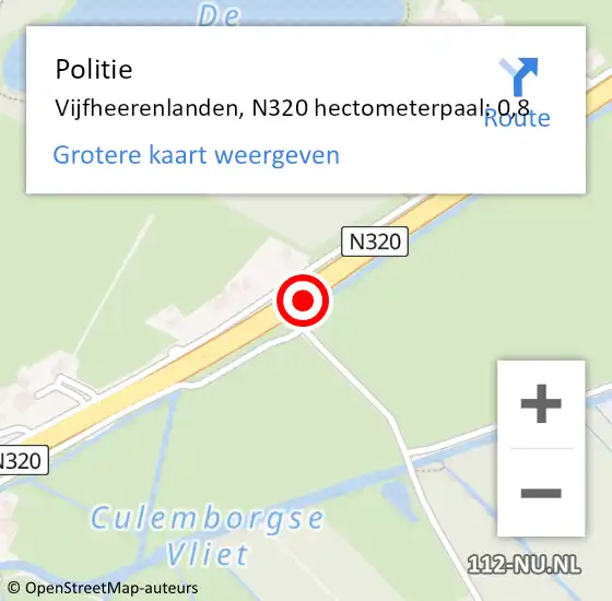 Locatie op kaart van de 112 melding: Politie Vijfheerenlanden, N320 hectometerpaal: 0,8 op 6 juni 2023 08:21