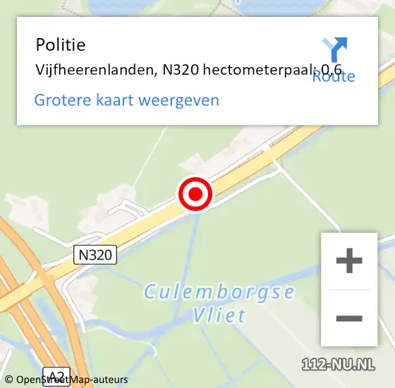 Locatie op kaart van de 112 melding: Politie Vijfheerenlanden, N320 hectometerpaal: 0,6 op 6 juni 2023 08:21