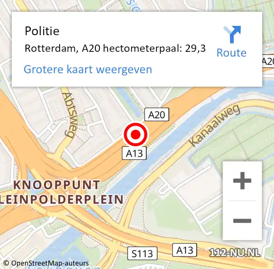 Locatie op kaart van de 112 melding: Politie Rotterdam, A20 hectometerpaal: 29,3 op 6 juni 2023 08:28