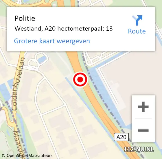 Locatie op kaart van de 112 melding: Politie Westland, A20 hectometerpaal: 13 op 6 juni 2023 08:41