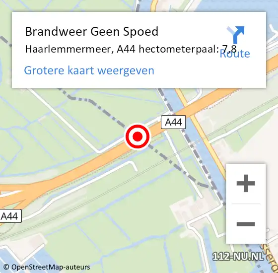 Locatie op kaart van de 112 melding: Brandweer Geen Spoed Naar Haarlemmermeer, A44 hectometerpaal: 7,8 op 6 juni 2023 09:24