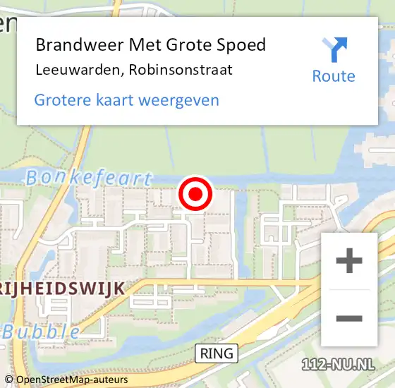 Locatie op kaart van de 112 melding: Brandweer Met Grote Spoed Naar Leeuwarden, Robinsonstraat op 6 juni 2023 09:34