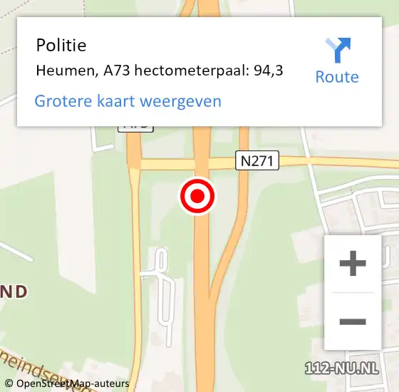 Locatie op kaart van de 112 melding: Politie Heumen, A73 hectometerpaal: 94,3 op 6 juni 2023 10:01