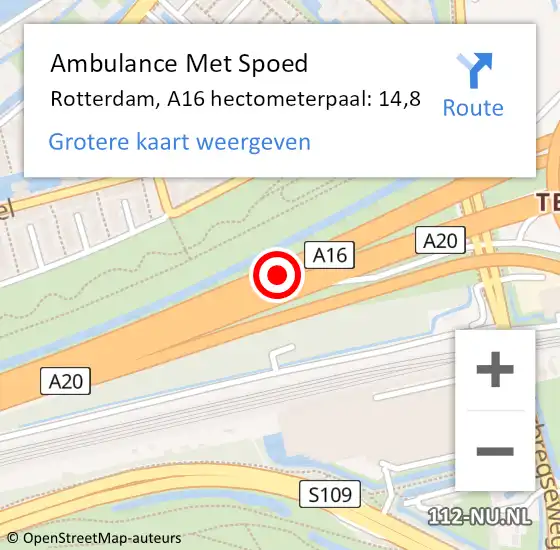 Locatie op kaart van de 112 melding: Ambulance Met Spoed Naar Rotterdam, A16 hectometerpaal: 14,8 op 6 juni 2023 10:02