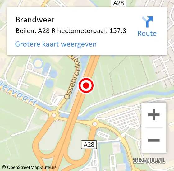 Locatie op kaart van de 112 melding: Brandweer Beilen, A28 R hectometerpaal: 157,8 op 27 augustus 2014 23:36