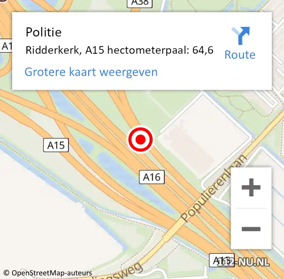 Locatie op kaart van de 112 melding: Politie Ridderkerk, A15 hectometerpaal: 64,6 op 6 juni 2023 13:16