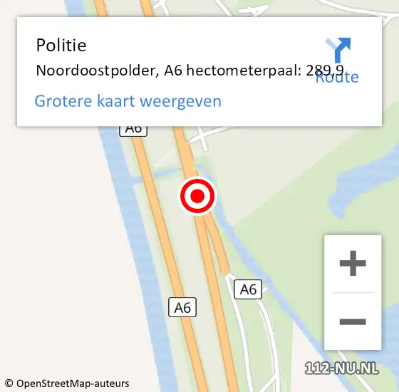 Locatie op kaart van de 112 melding: Politie Noordoostpolder, A6 hectometerpaal: 289,9 op 6 juni 2023 14:12