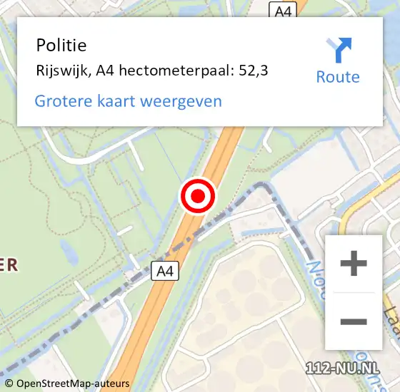 Locatie op kaart van de 112 melding: Politie Rijswijk, A4 hectometerpaal: 52,3 op 6 juni 2023 14:56