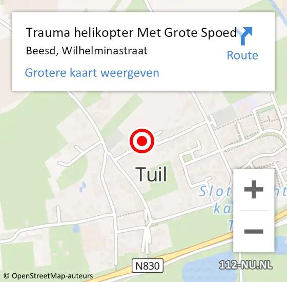 Locatie op kaart van de 112 melding: Trauma helikopter Met Grote Spoed Naar Beesd, Wilhelminastraat op 6 juni 2023 15:09