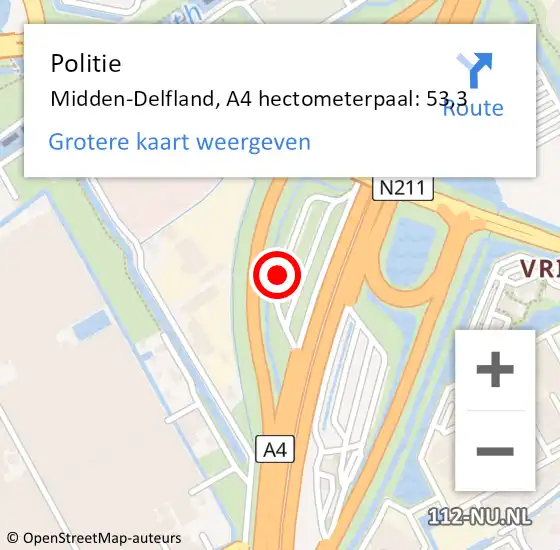 Locatie op kaart van de 112 melding: Politie Midden-Delfland, A4 hectometerpaal: 53,3 op 6 juni 2023 15:11