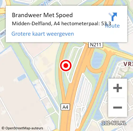 Locatie op kaart van de 112 melding: Brandweer Met Spoed Naar Midden-Delfland, A4 hectometerpaal: 53,3 op 6 juni 2023 15:12